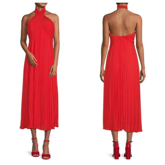 Reiss Roya Accordion Pleated Midi Dress in Red Size 2 - Picture 1 of 12